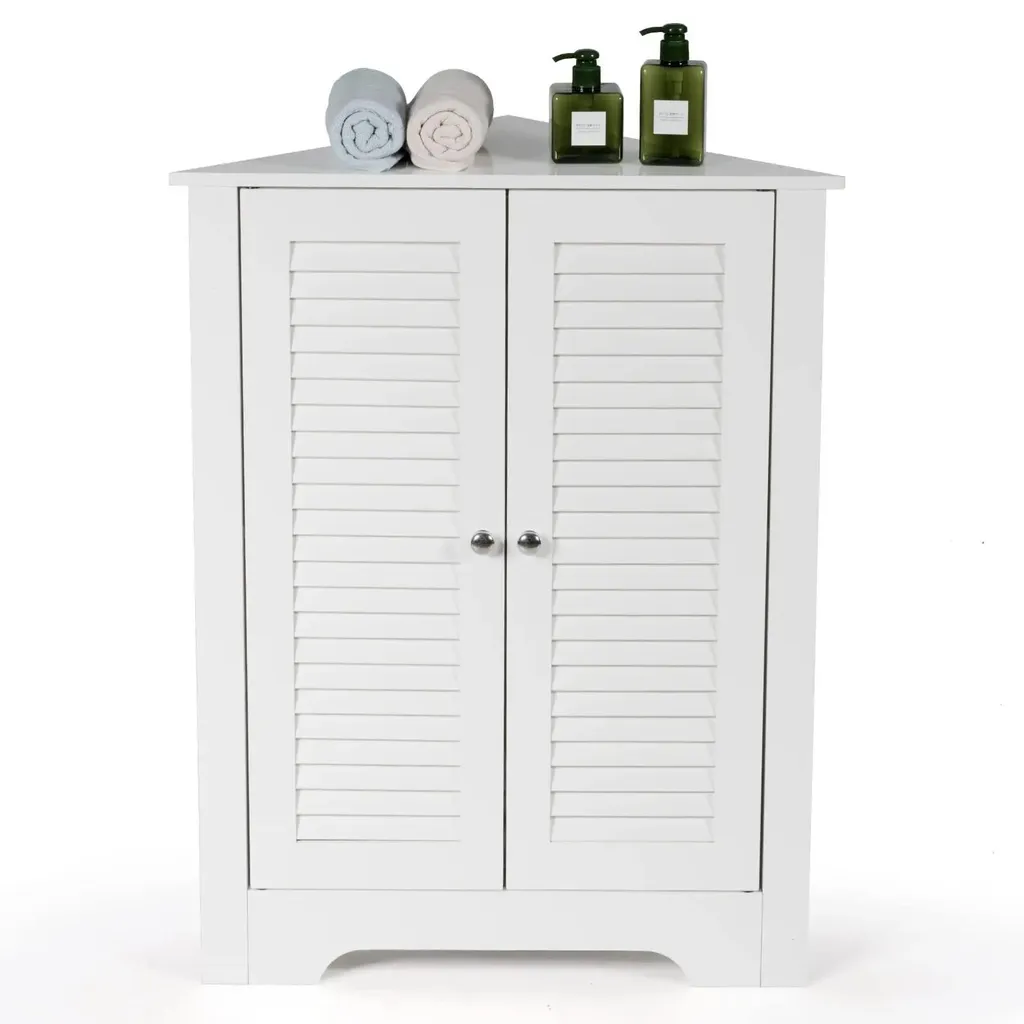 Meuble d'angle en bois blanc laqué avec portes à lamelles ventilées