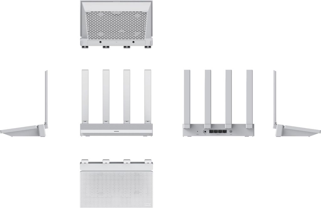 Multiple views of a white router are displayed against a white background.