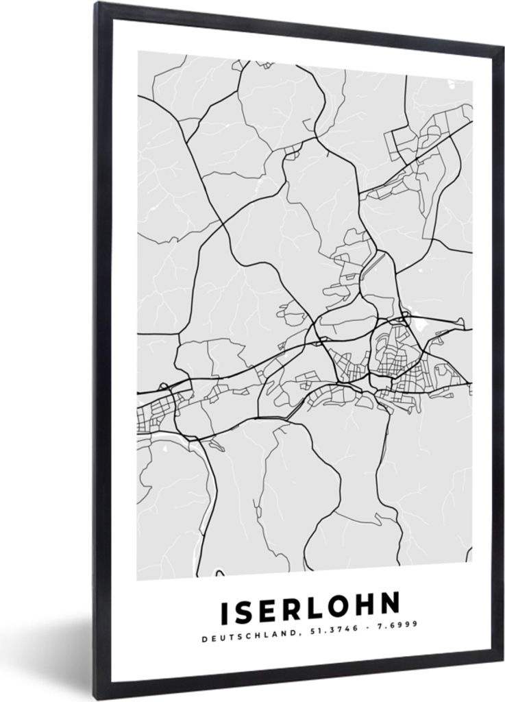 MuchoWow Gerahmtes Poster Karte - Deutschland - Iserlohn - Karte - Stadtplan 40x60 cm - Poster mit Schwarzem Bilderrahmen Wandposter Rahmen Foto ...