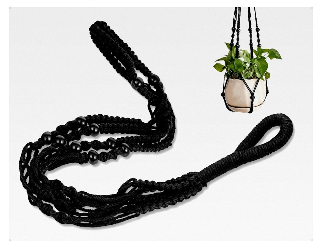 Blumenampel aus Baumwolle mit Holzperlen, Hängender Blumentopfhalter für Innen und Außen, Dekoration (Schwarz)