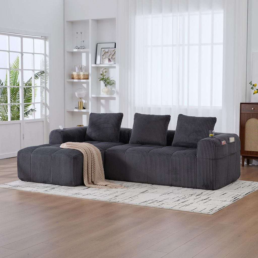 LVHOM Modulares Sofa mit Schlaffunktion, Ecksofa mit Cordbezug, 3 Sitzer mit Becherhalter, Schlafsofa ohne Montage, Loungesofa mit Seitentasche, Grau