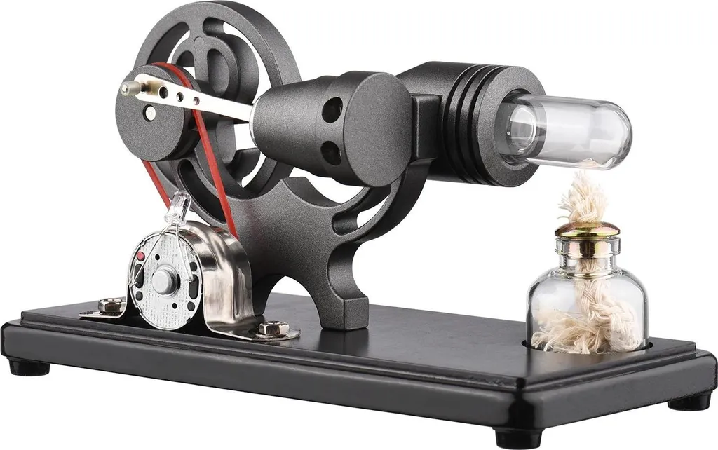Moteur Stirling Noir Volant Dollar avec Socle en Bois de Hêtre Noble