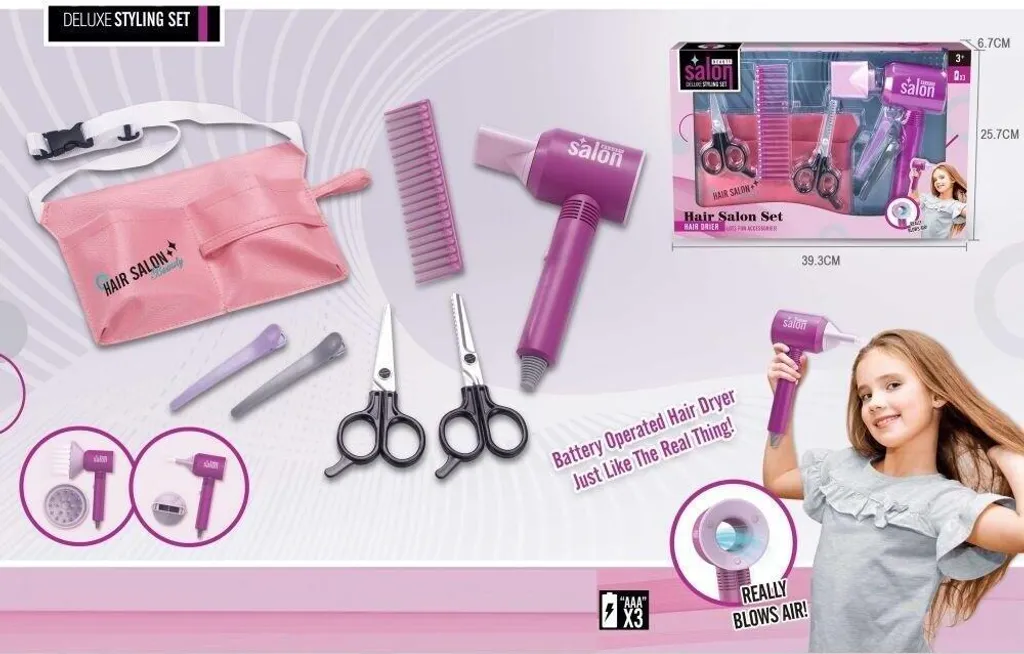 Set de coiffure avec sèche-cheveux à piles et accessoires pour enfant