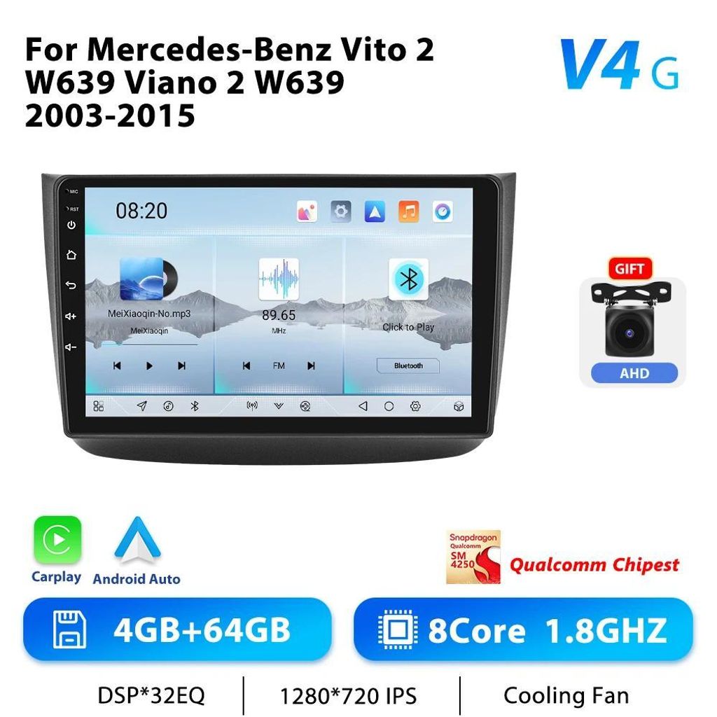 Android Autoradio für Viano 2004–2011/Vito 2010–2015 - 2‐DIN - 25,4 cm Touchscreen - 8‐Kern 1,5 GHz - 6 GB RAM 128 GB ROM - GPS, RDS, Spli...