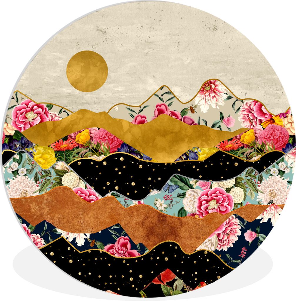 MuchoWow Rundes Wandbild - Runde Bilder Gold - Blumen - Druck - Abstrakt - Landschaft - Muster Ø 60 cm Kreis Wanddekoration Kunststoff - Wandkre...