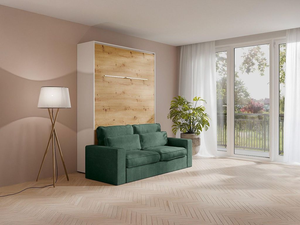 Schrankbett 140 x 200 cm - Manuelle vertikale Öffnung - Mit LEDs - Weiß und Naturfarben + Matratze + Grünes Sofa - RAPILI