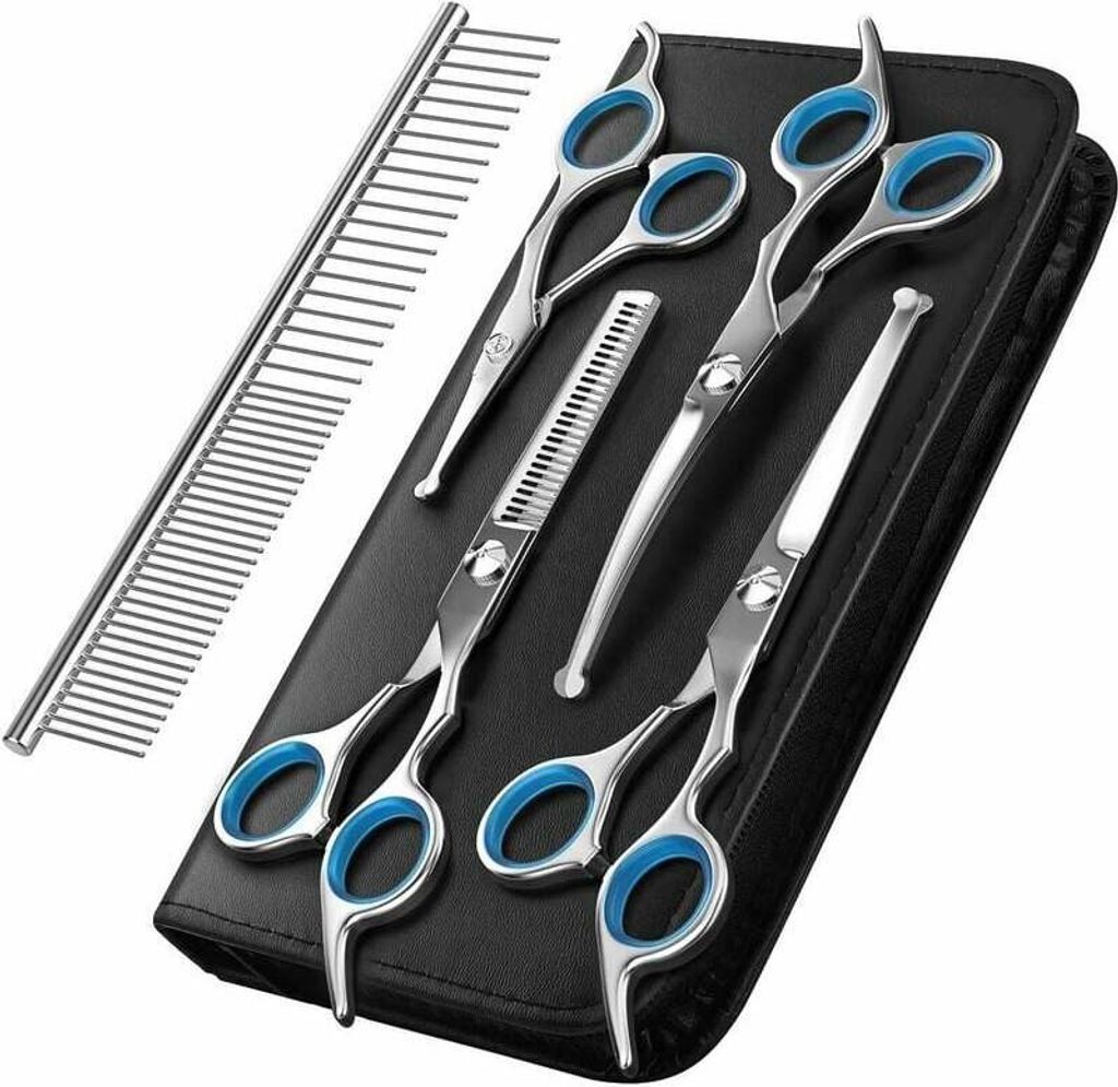 Hundepflegeschere, 5-teiliges Haustierpflegewerkzeug-Set aus titanbeschichtetem Edelstahl, Ausdünnungsschere/gerade/gebogene Schere und Kamm, blau