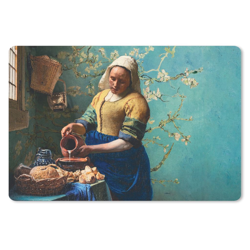 MuchoWow Schreibtischunterlage Milchmädchen - Mandelblüte - Van Gogh - Vermeer - Gemälde - Alte Meister 60x40 cm - XXL Mauspad - Großes Mauspad