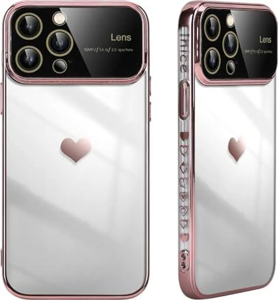 Custodia iPhone 14 Pro Max Silicone Rosa con Protezione Lenti a Cuore