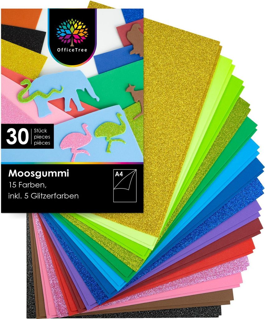 OfficeTree Moosgummi 30 Bögen A4 – Bunt mit 5 Glitzerfarben – Schaumstoff Bastelbögen für DIY Scrapbooking