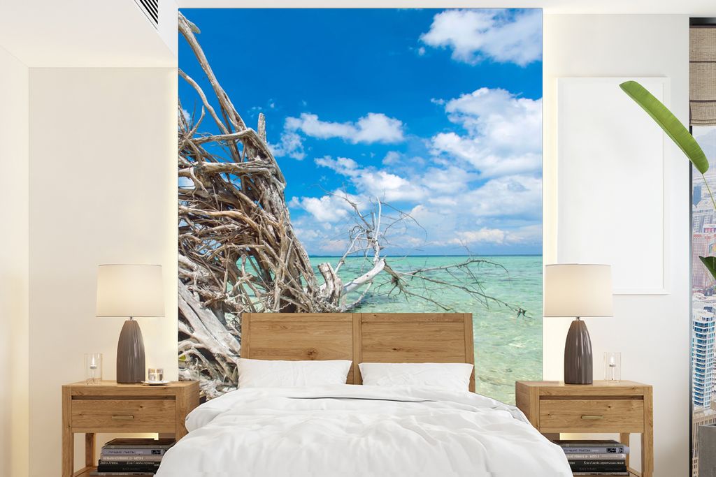 MuchoWow Fototapete für Wohnzimmer oder Schlafzimmer Wandtapete Vinyl Motivtapete Strand - Äste - Tropisch - Meer - 195x260 cm - Wandbild