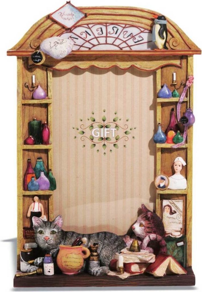 Katzen Bilderrahmen vor Sammelvitrine