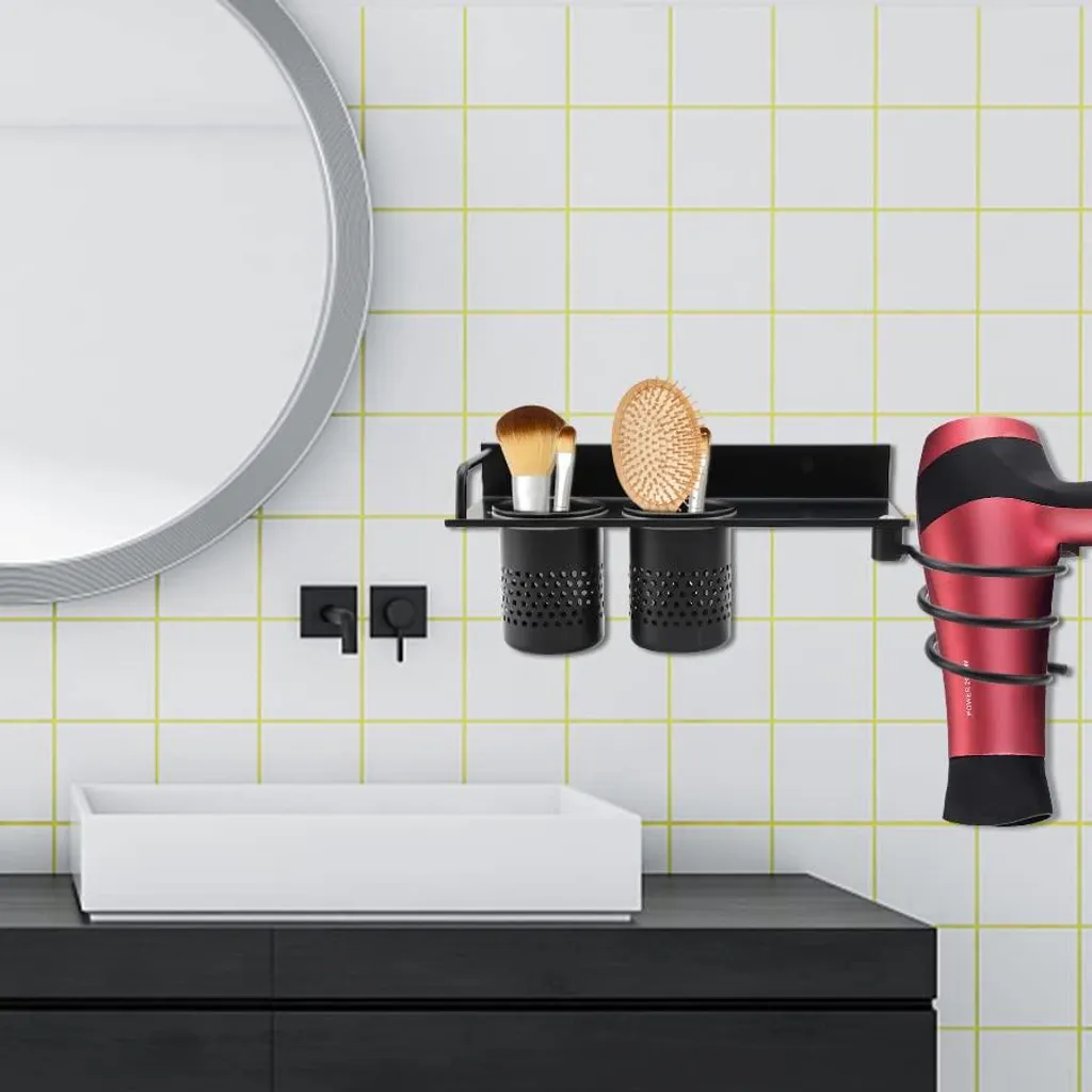 Support de sèche-cheveux sans perçage noir avec compartiment et porte-câble