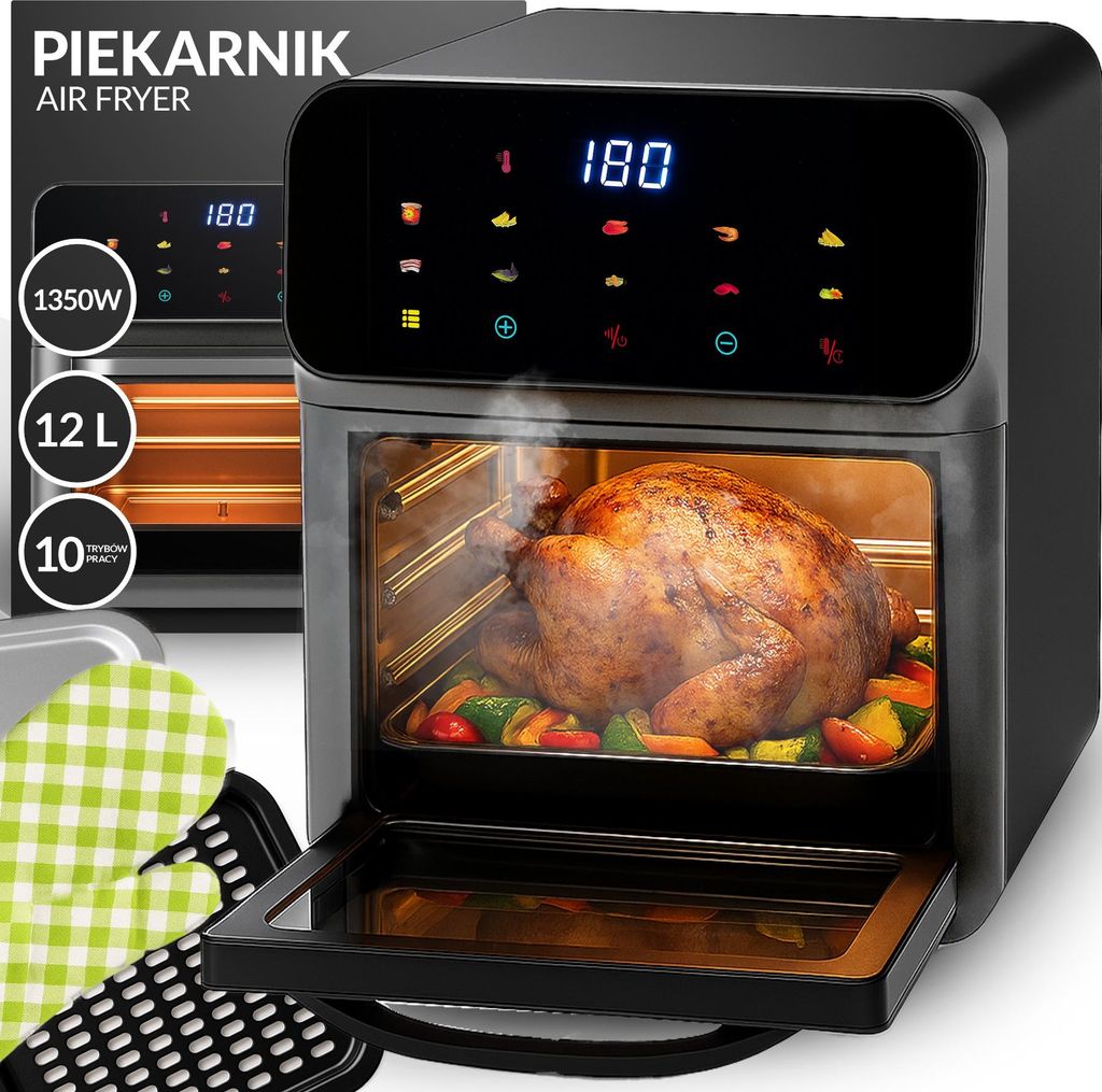 A marketing image for an air fryer, showing a roasted chicken and vegetables inside, with feature callouts.