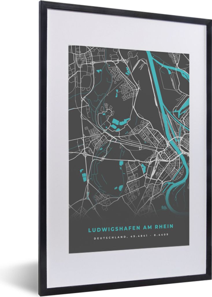 MuchoWow Gerahmtes Poster Deutschland - Blau - Ludwigshafen am Rhein - Stadtplan - Karte 40x60 cm - Poster mit Schwarzem Bilderrahmen Wandposter ...