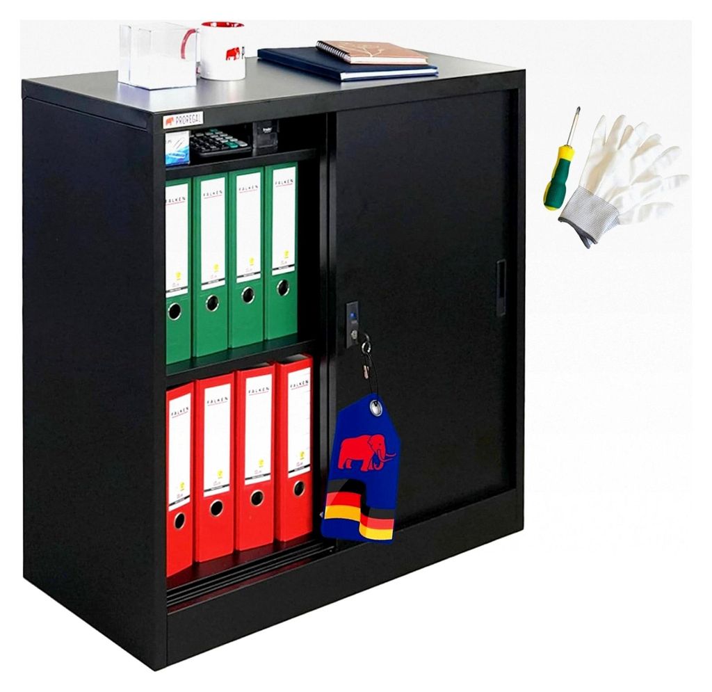 Aktenschrank Elephant mit abschließbaren Schiebetüren | HxBxT 90x90x40cm | 2 Fachböden | Schwarz | Metallschrank