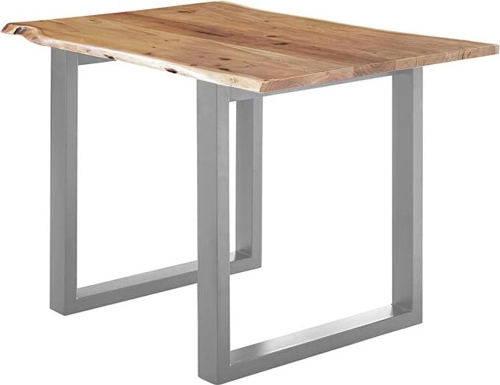 Esstisch 120x80 cm Lubin, Akazienholz naturfarben, Massiver Esszimmertisch mit echter Baumkante, Baumkantentisch mit U-Gestell Silber, 26 mm Tischp...