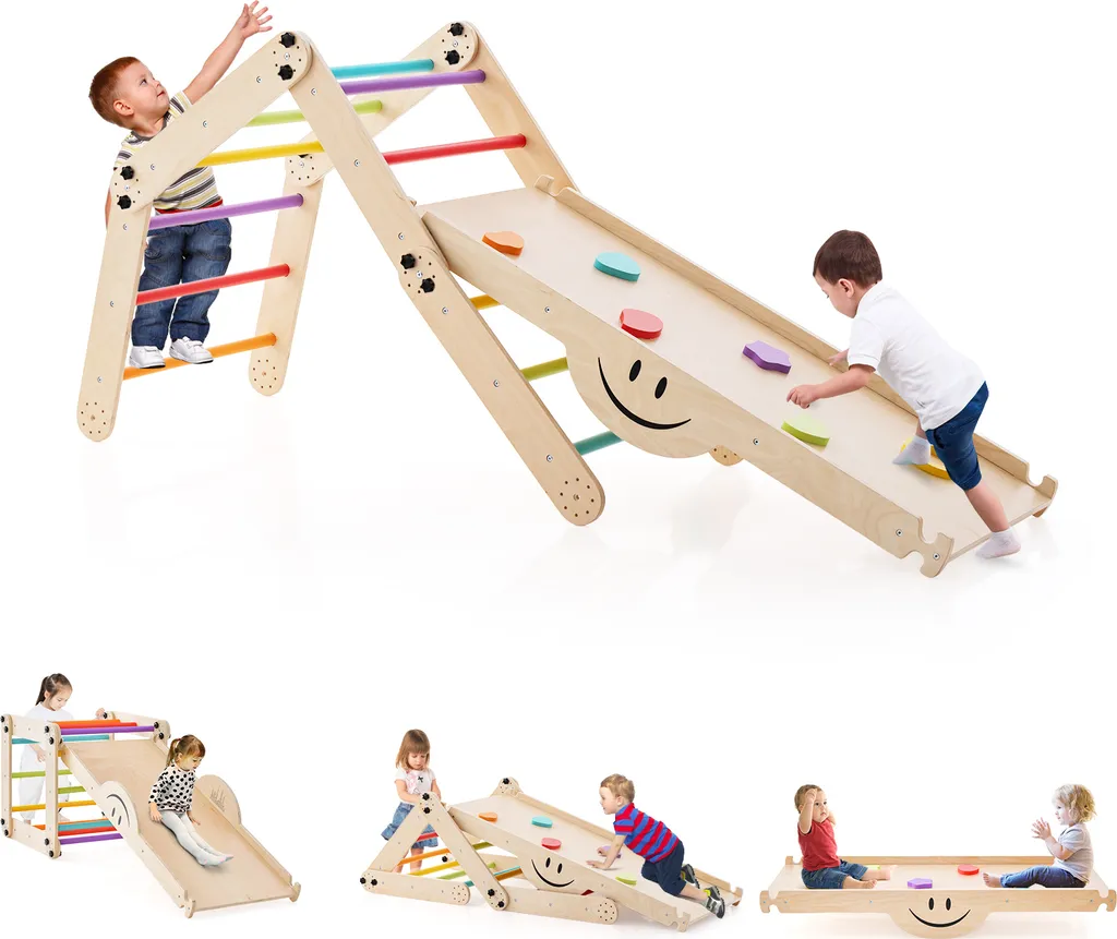 COSTWAY struttura di arrampicata per interni, triangolo di arrampicata con scivolo, parco giochi multifunzionale per bambini dai 3 anni in su