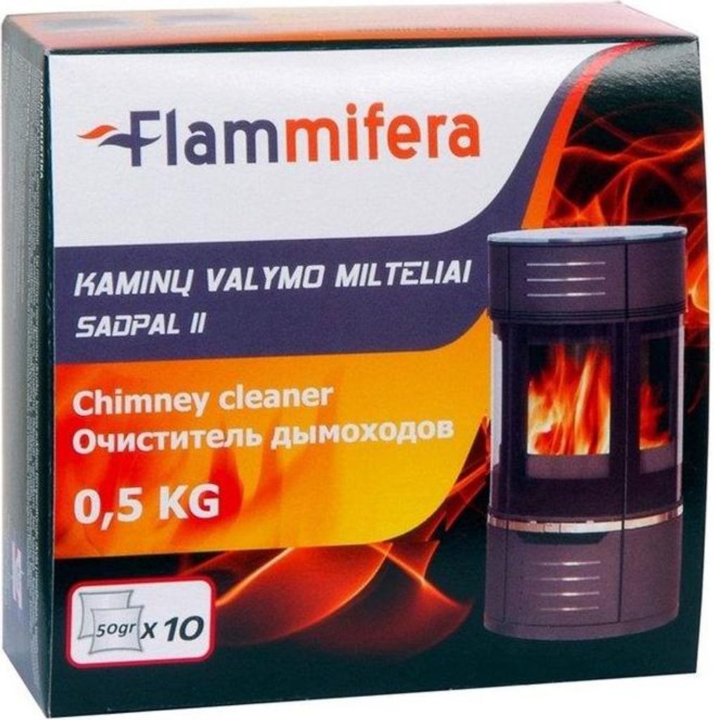 The image shows the packaging for a chimney cleaner product.
