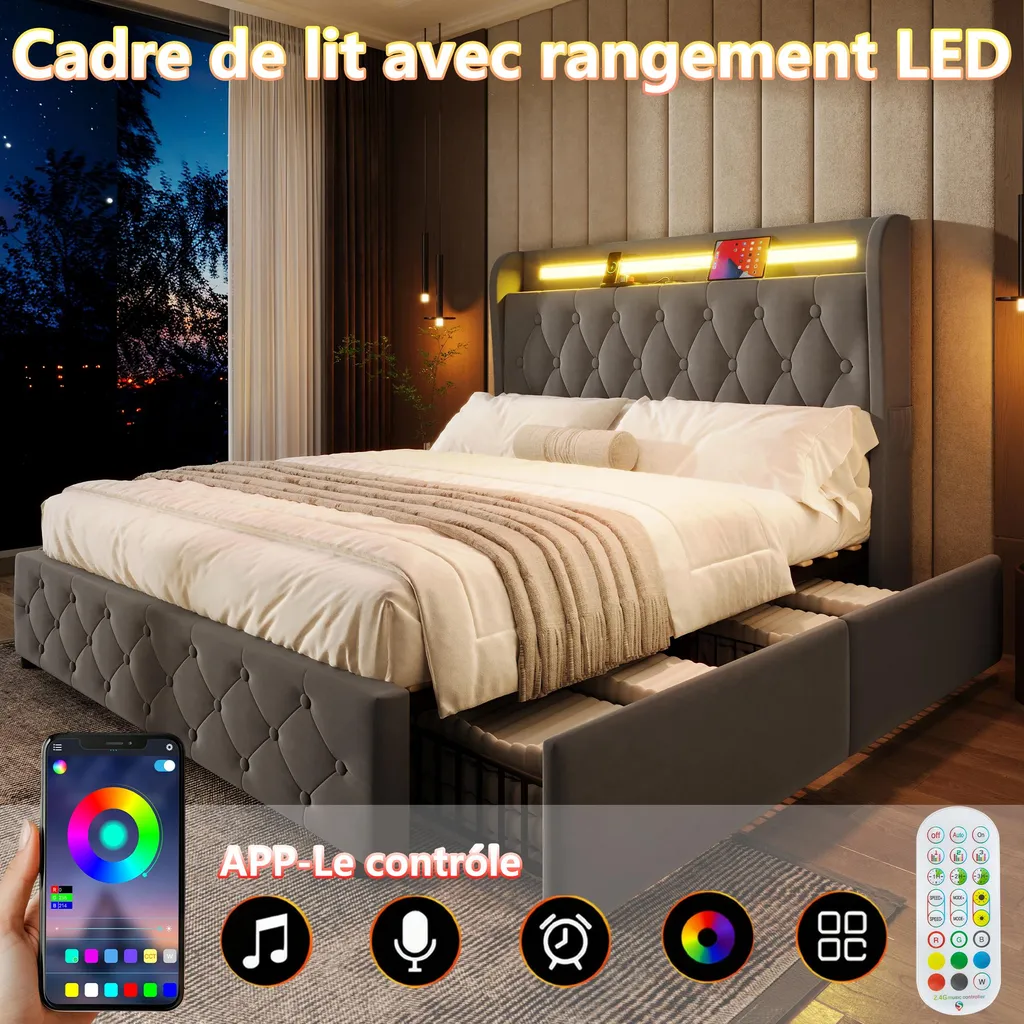 Lit avec éclairage LED connecté et prises USB pour smartphone - 4