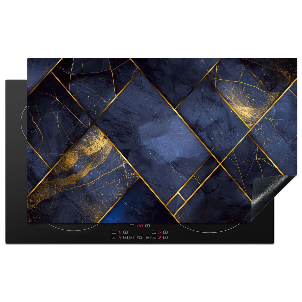 KitchenYeah Herdabdeckplatte Fliese - Blau - Gold - Modern , 85x52cm, Küche Deko, Glaskeramikkochfeld Herdabdeckung, Abdeckplatte fùr Kochfeld