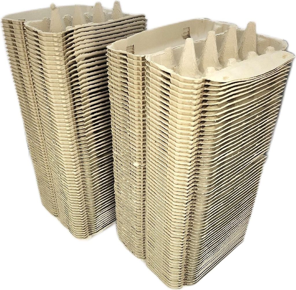 Two stacks of cardboard egg cartons against a white background.
