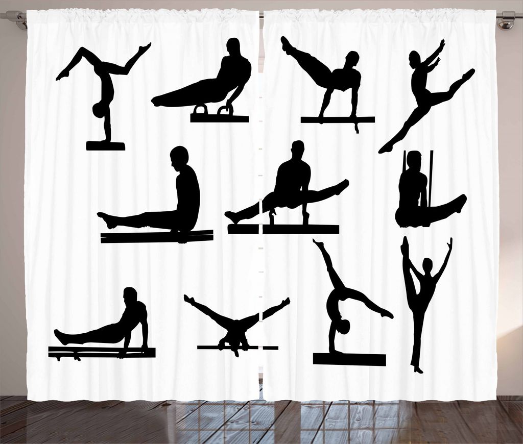 ABAKUHAUS Gymnastik Rustikaler Vorhang, Athlet Silhouetten, Wohnzimmer Universalband Gardinen mit Schlaufen und Haken, 280 x 245 cm, Schwarz und weiß