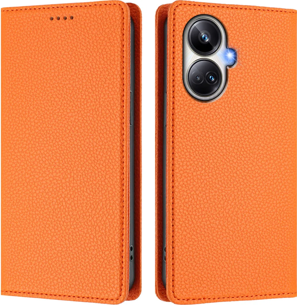 Cover Elegante Realme 10 Pro+ in Pelle Arancione con Slot Carte e Stand - 2