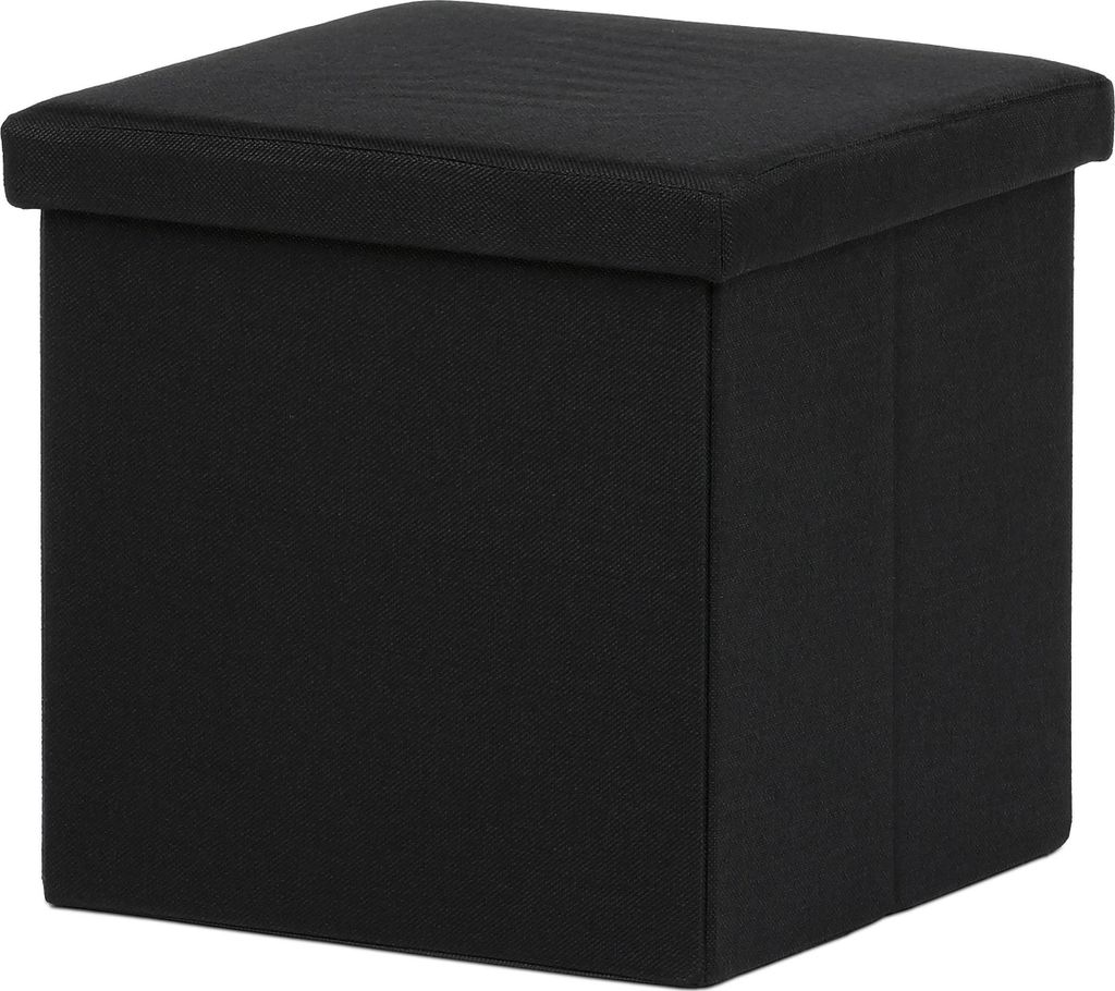 A black storage ottoman is shown from a front-facing angle against a white background.