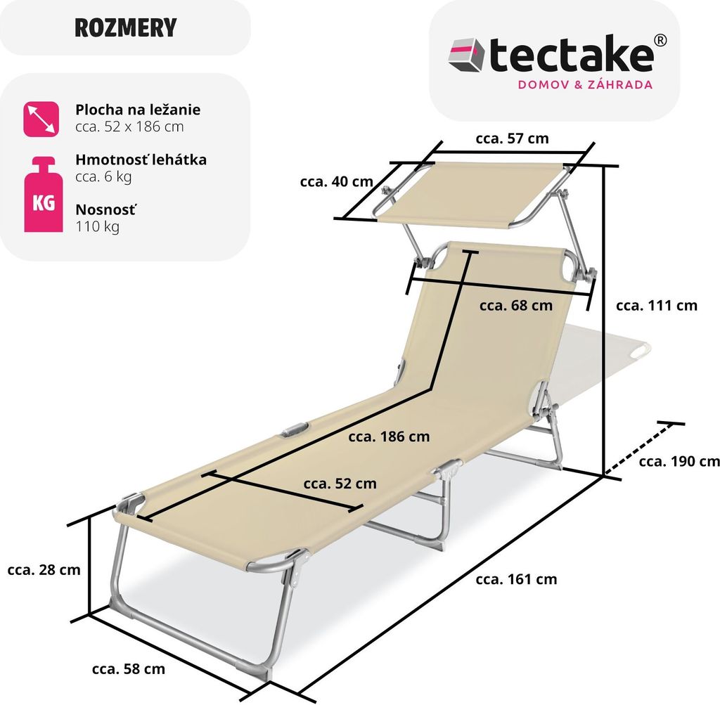 Skladacie záhradné ležadlo 190 x 68 x 28 cm Obrázok produktu 7