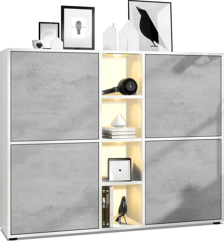 Vladon Highboard Cuba V3, Germany, Weiß matt/Beton Oxid Optik inkl. LED - Moderne Anrichte mit 12 Fächern (130,5 x 105,5 x 35,5 cm)