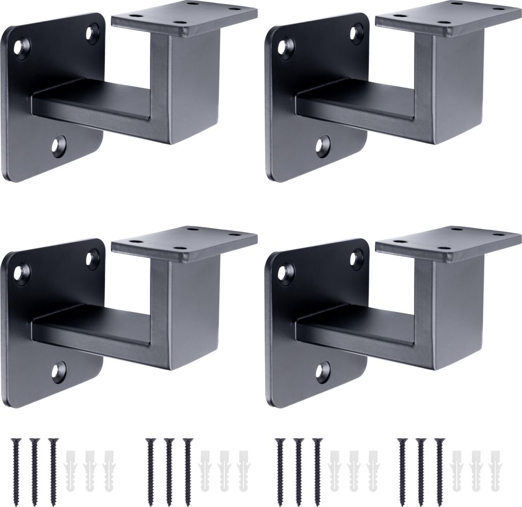 Four black handrail brackets and screws are arranged in a grid on a white background.