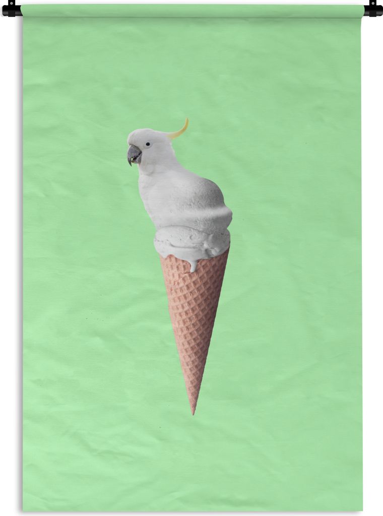 MuchoWow Wandteppich Wandbehang Papagei - Eistüten - Eiscreme - Weiß - Grün 120x180 cm Tapisserie Dekoration Wandtuch - Schlafzimmer - Dekorat...
