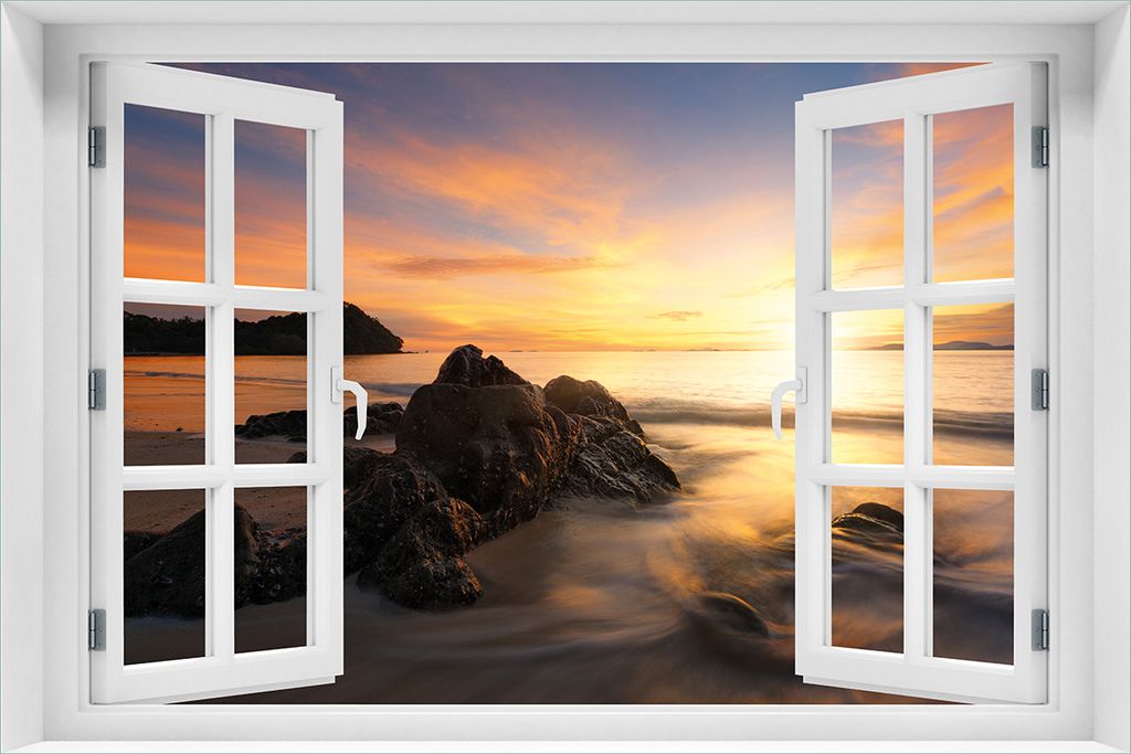 Wallario Poster mit Fenster-Illusion: Sonne über dem Meer mit Felsenlandschaft, Größe: 61 x 91,5 cm (Maxiposter)