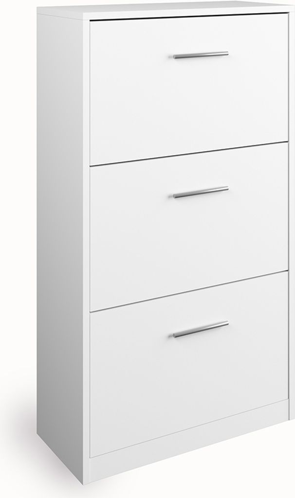 A white shoe cabinet with three drawers.