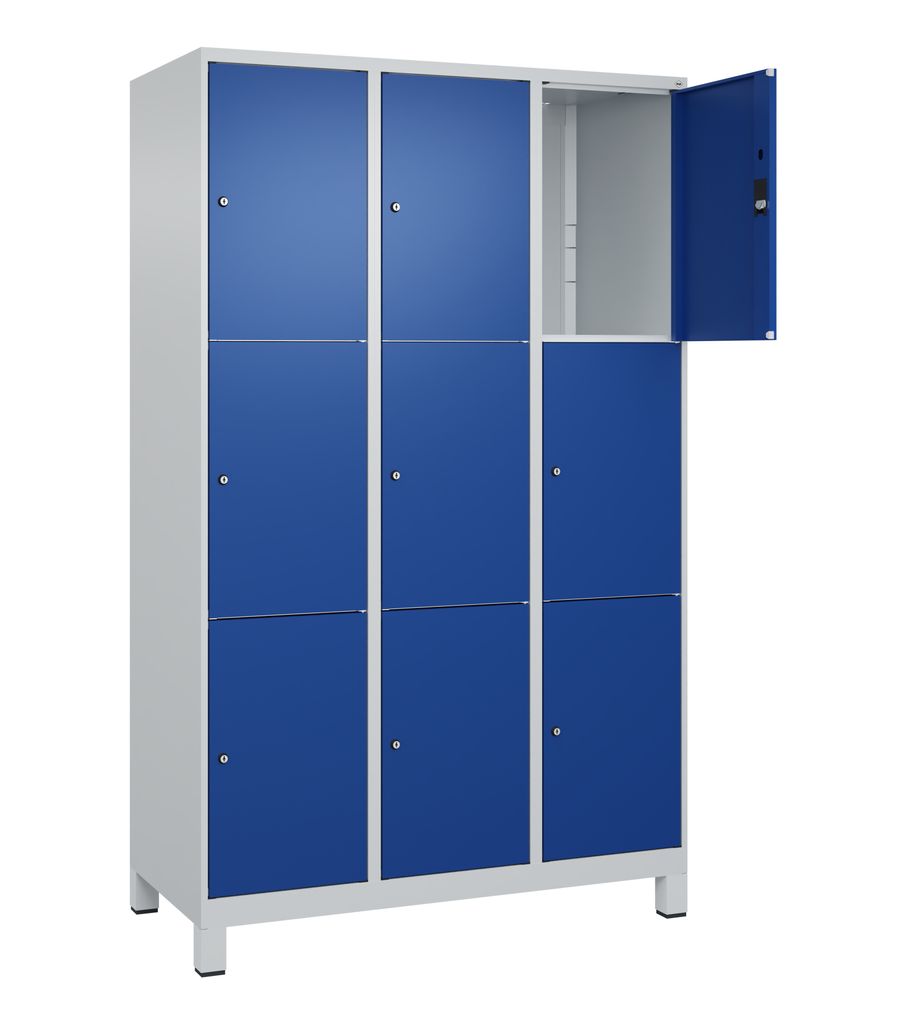 Fächerschrank, BxTxH 1200x500x1950 mm, 3x3 Fächer, Abt.B 400 mm, Füße, Schloss, glatte Türen, RAL 7035/5010