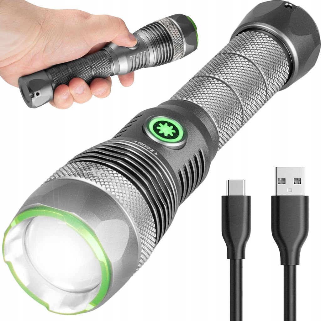 A hand holding a flashlight and a separate flashlight with cables.