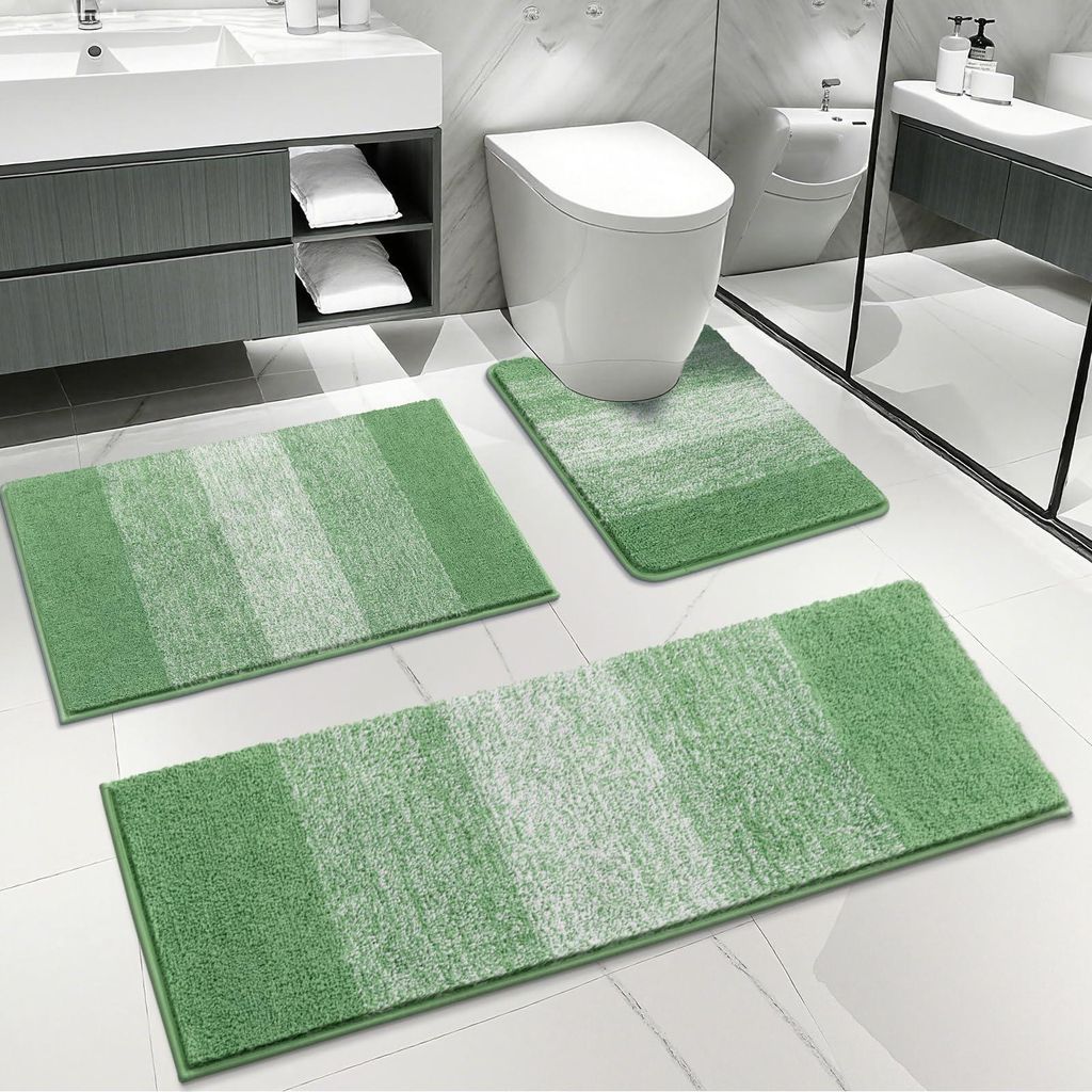 3-teiliges Badezimmer-Set aus weicher, dicker Mikrofaser (Badematte und WC-Vorleger), grün, rutschfest, waschbar, super saugfähig, schnelltrockne...