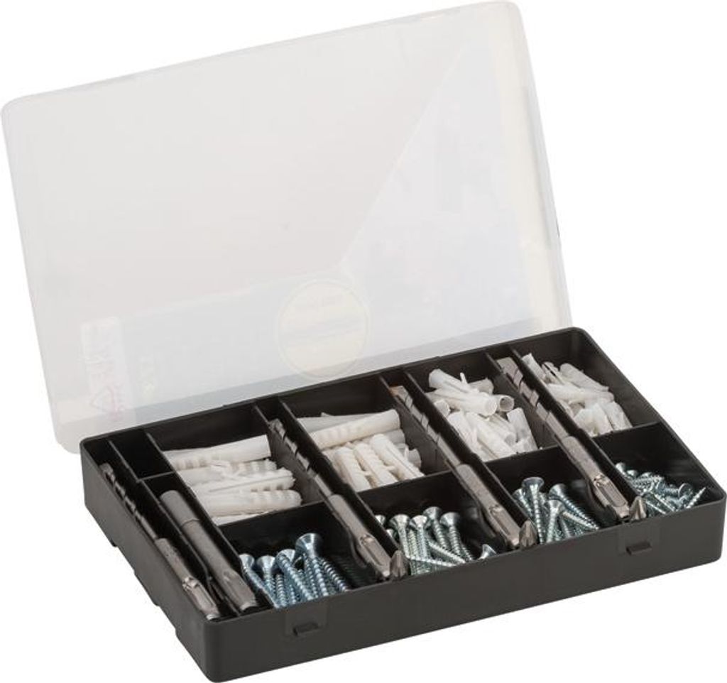 Fixier-Set 173-teilig, Bohrer, Dübel, Schrauben, Bits in handlicher Sortierbox.