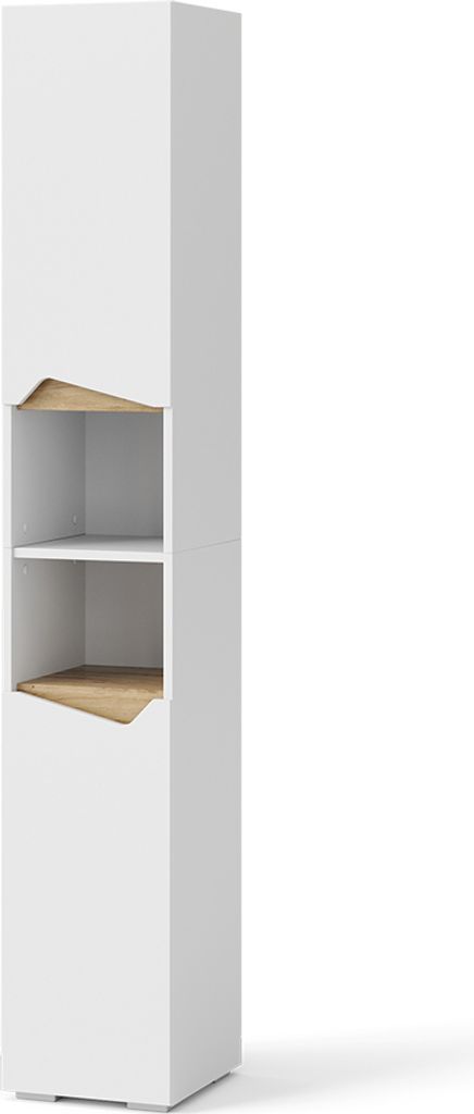 A tall, narrow white cabinet with two open shelves and a wooden accent on the shelves.