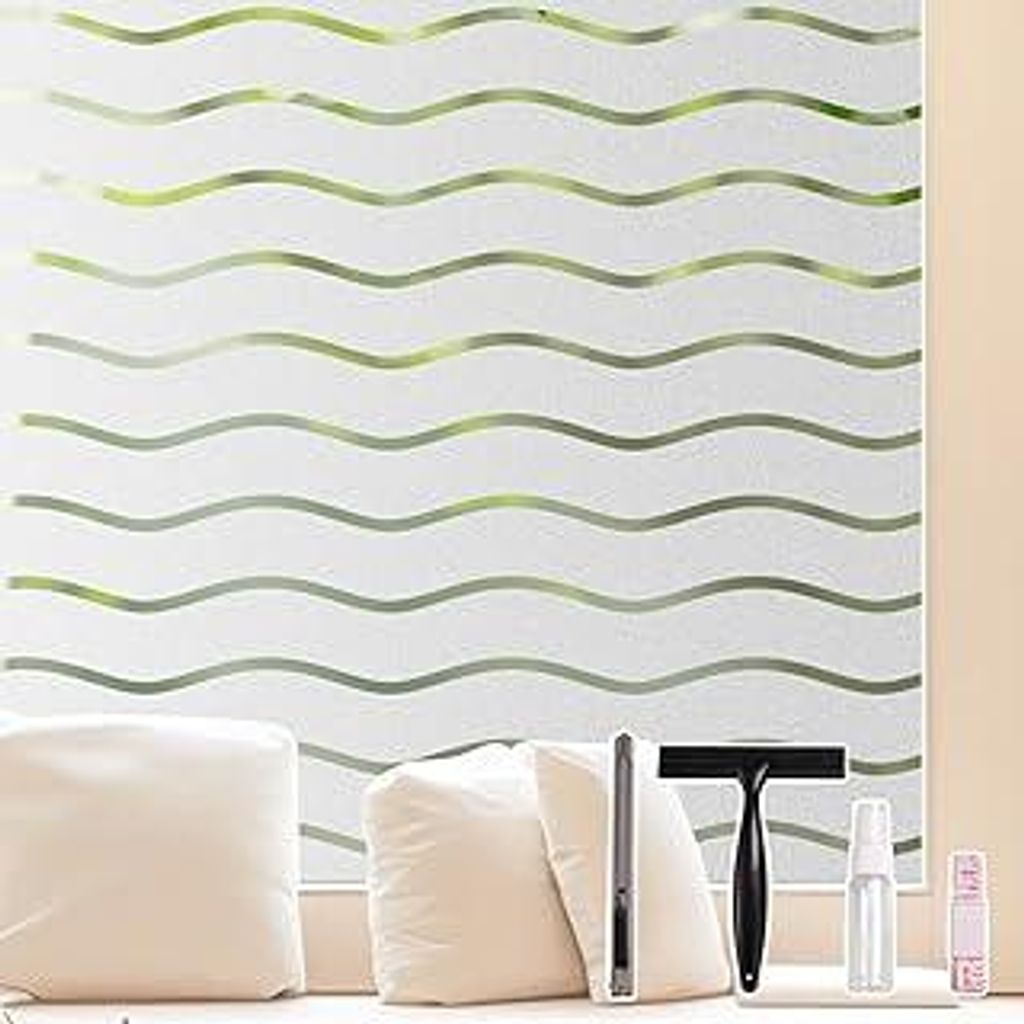 Conkov Fensterfolie Blickdicht Wellen Streifen Sichtschutzfolie Selbsthaftend mit Rakel Werkzeug, Statisch Haftend Ohne Klebstoff Milchglasfolie An...