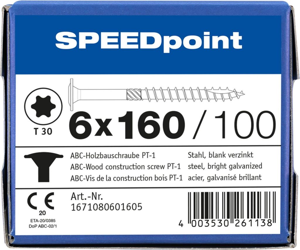 ABC SPEEDpoint Holzbauschraube Tellerkopf T30 Teilgewinde Schabenut A2J 6x160mm (100)