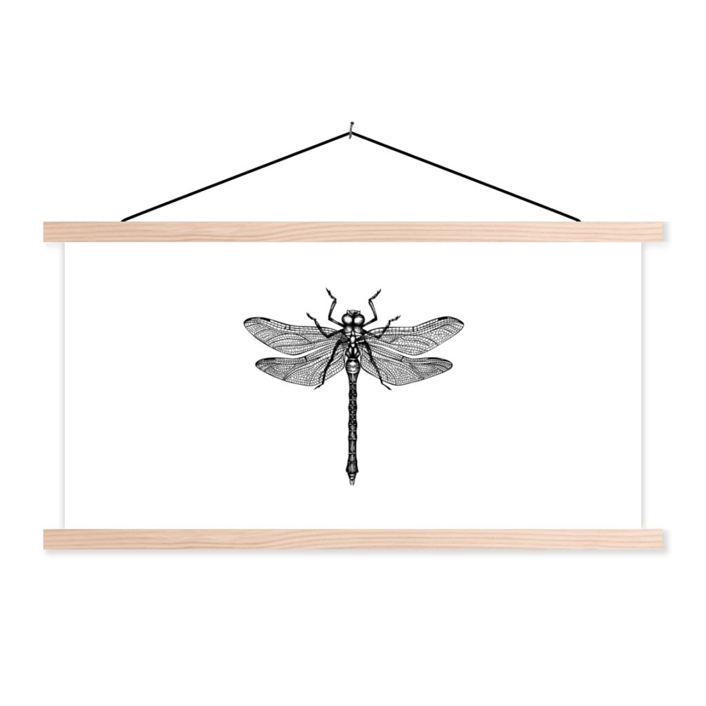 MuchoWow Textilposter Libelle - Insekten - Retro - Schwarz und weiß 60x30 cm mit holzfarbenen Rahmen - Dekoration