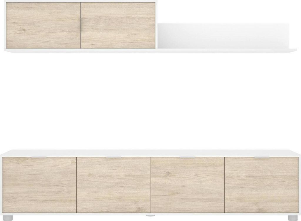 Wohnzimmermöbel Winnie, Modulares Wohnzimmerset, Mehrzweck-Wohnzimmermöbel, Moderner TV-Schrank, 200x40 h43 cm, Weiß und Eiche