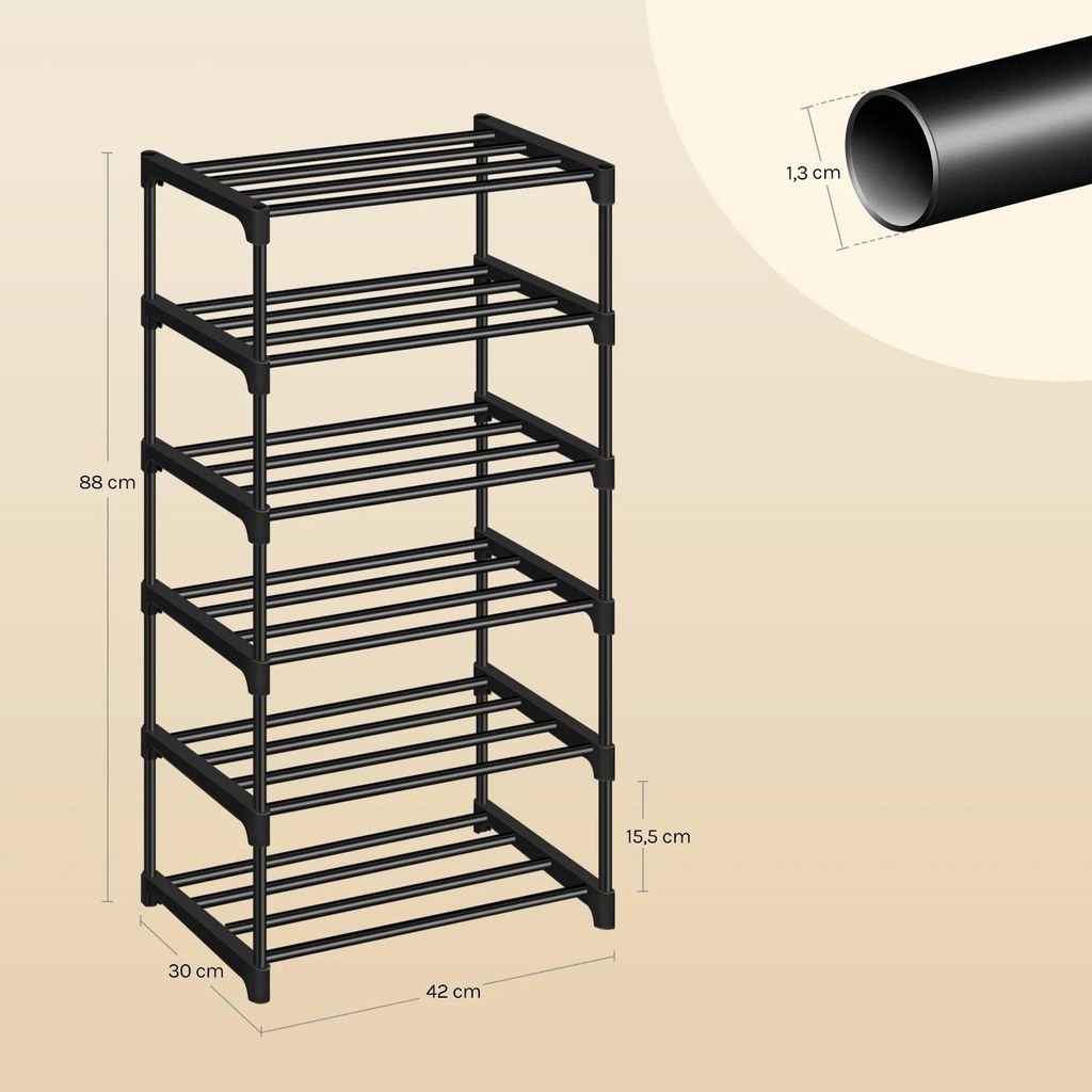 Schmales Schuhregal - Schuhablage - 6 Ebenen - Metallrohre aus Aluminium - 30×42×88 cm - 5 kg je Ebene - Bodenstehend - Schwarz