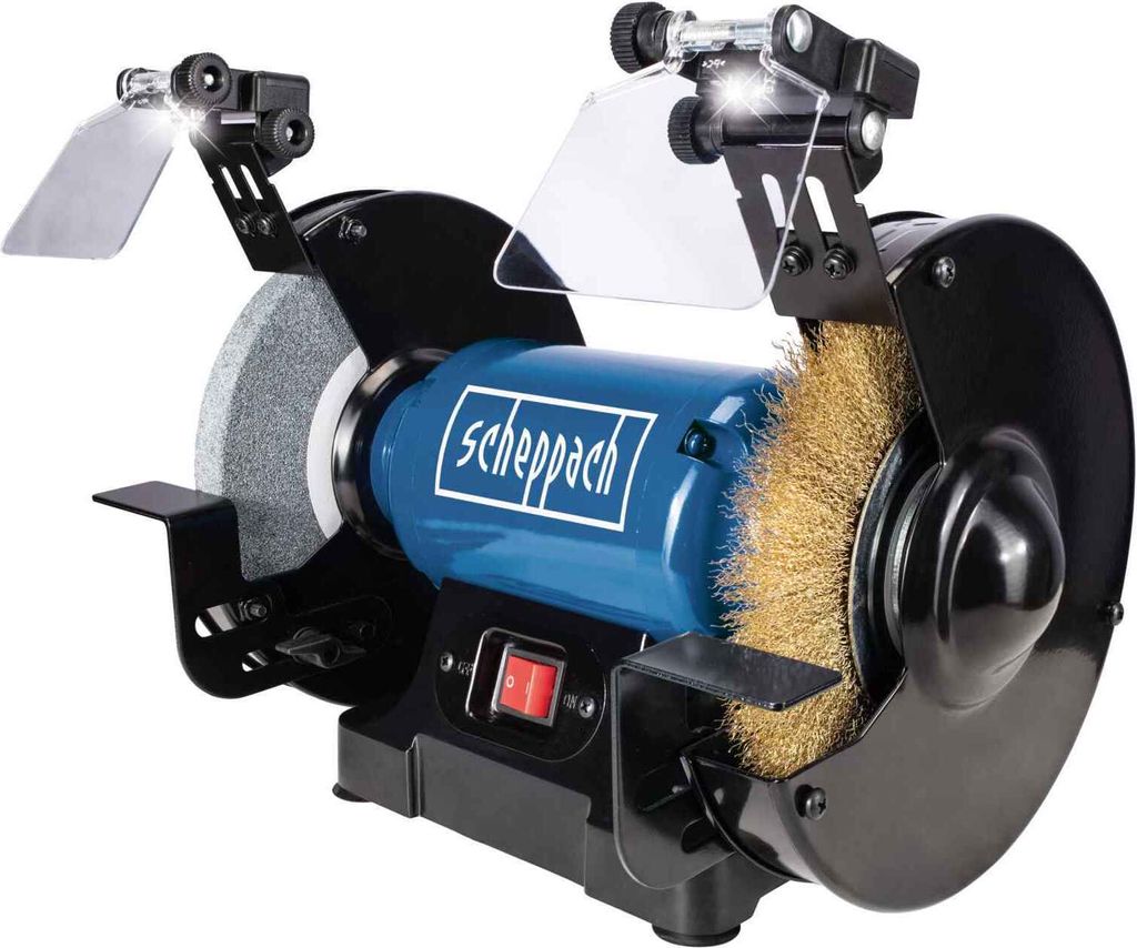 A Scheppach double grinder with a grinding stone on one side and a wire brush on the other, shown from a front-diagonal angle.