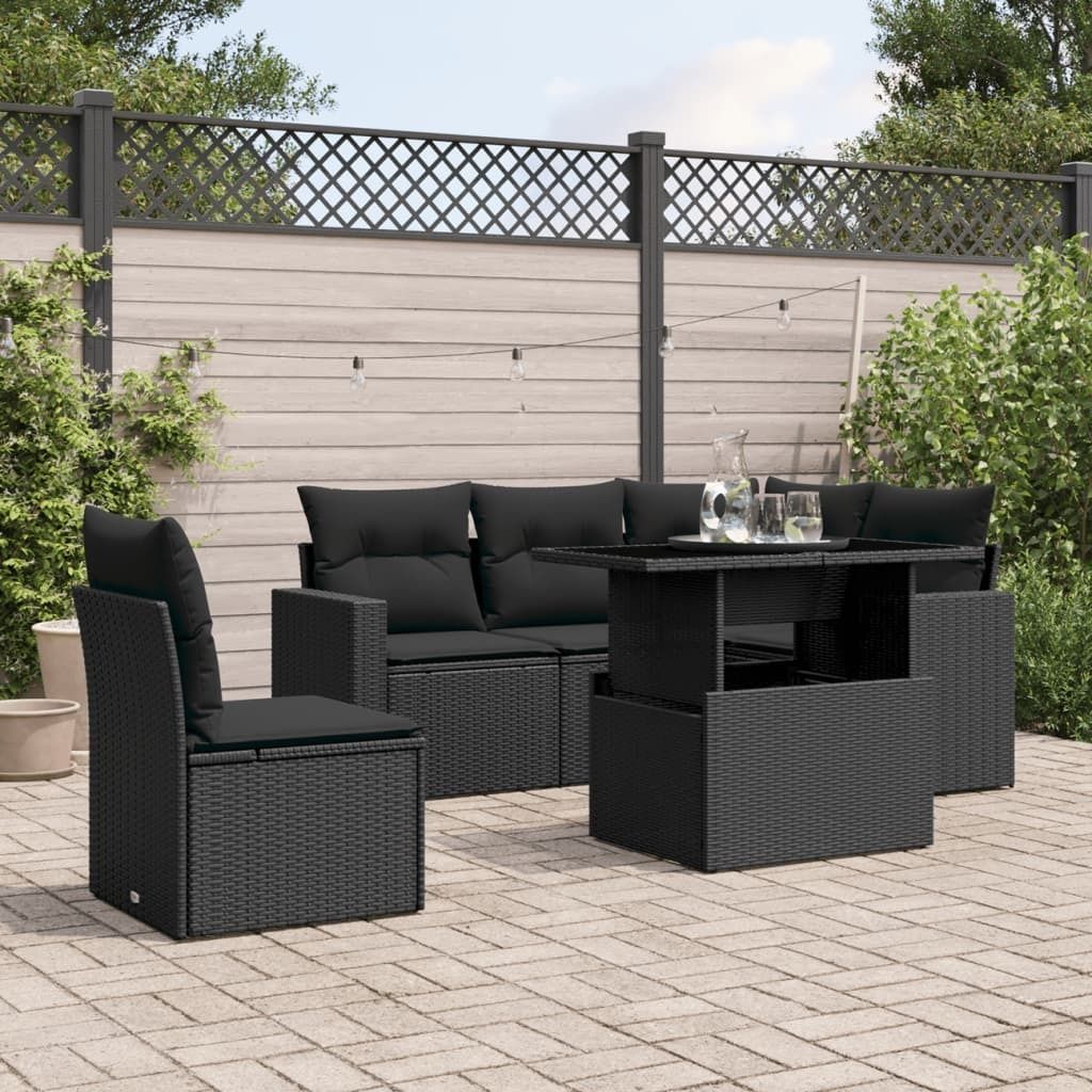 "Rabatt" 6-tlg. Garten-Sofagarnitur - mit sofa - mit Kissen Schwarz Poly Rattan - Lounge-Dining set CC10397