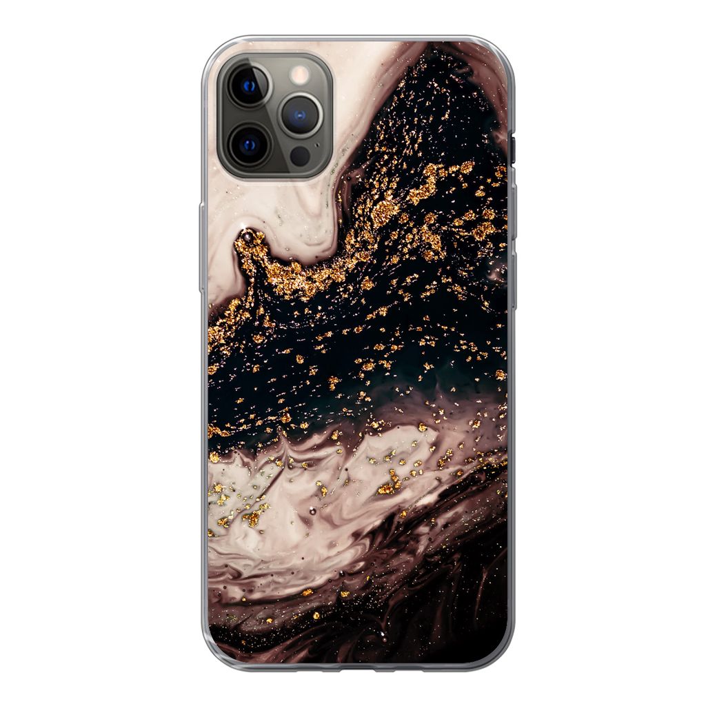 MuchoWow Handyhülle Schutzhülle Hülle für iPhone 13 Pro Max Naturstein - Gold - Schwarz Silikon Softcase Handy Hülle - Mobiltelefon