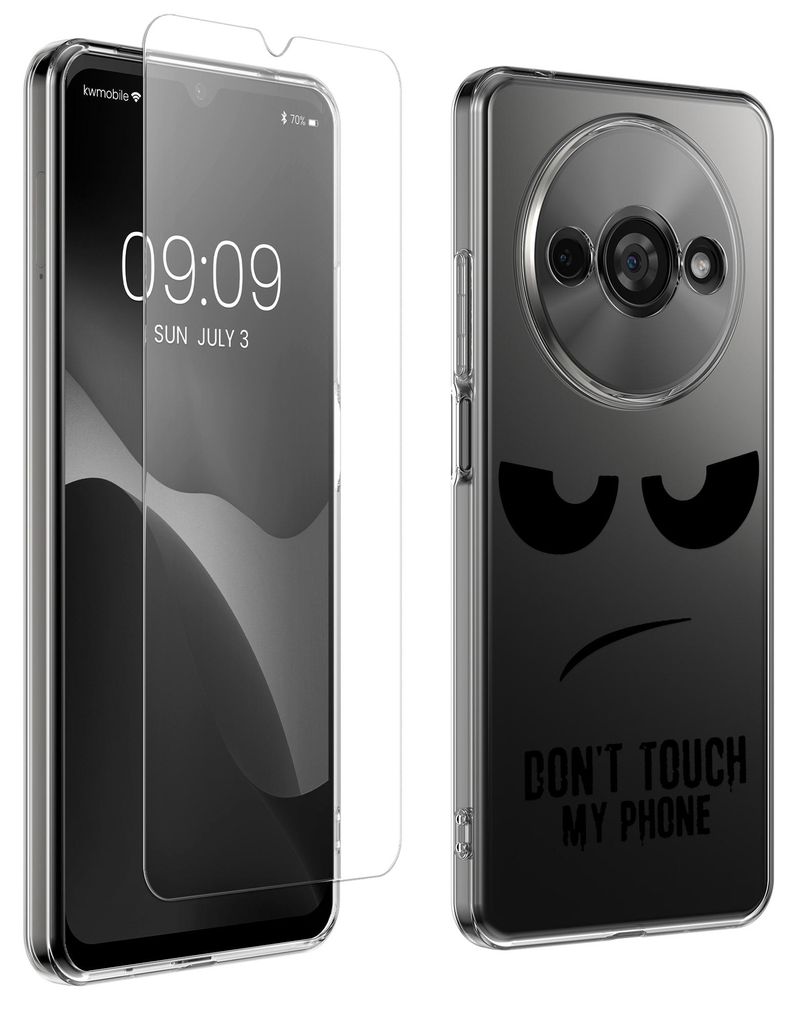 kwmobile Hülle kompatibel mit Xiaomi Redmi A3 Handyhülle - Silikon Case transparent - Mit Glas Schutzfolie - Don't touch my Phone Schwarz Transpa...
