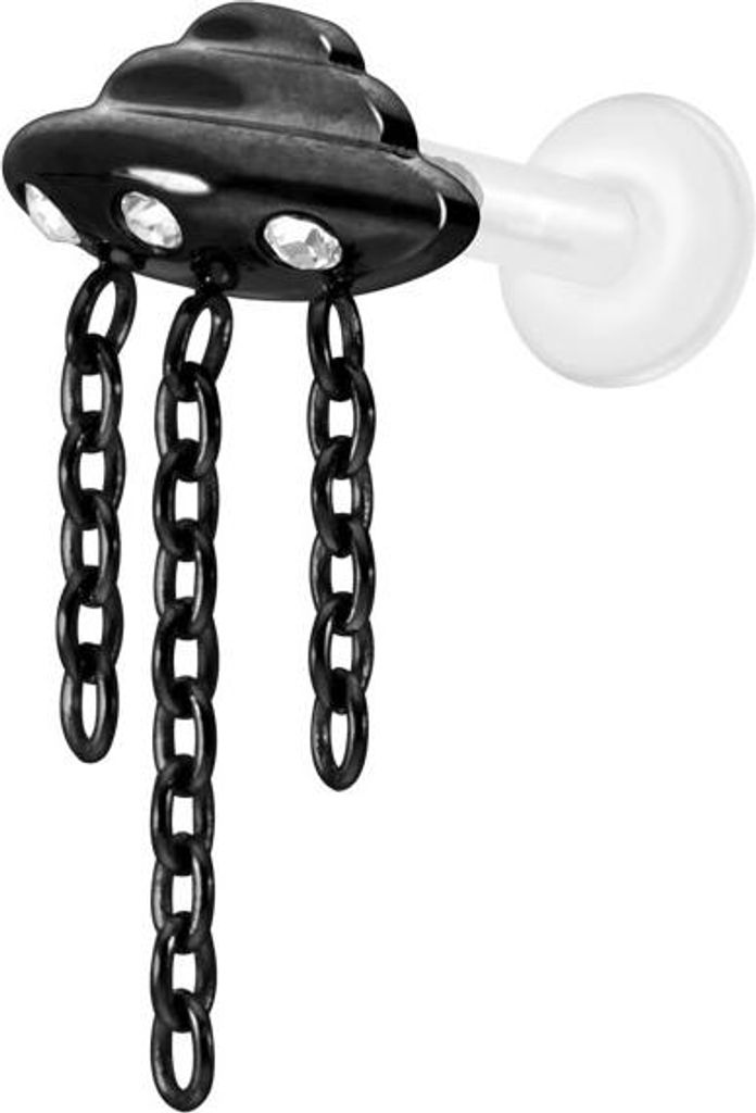 Ohrpiercing, Nasenpiercing PTFE Labret mit Innengewinde + Titan-Aufsatz UFO + KETTEN + KRISTALLE Schwarz Stablänge: 7mm | Stabstärke: 1,6mm